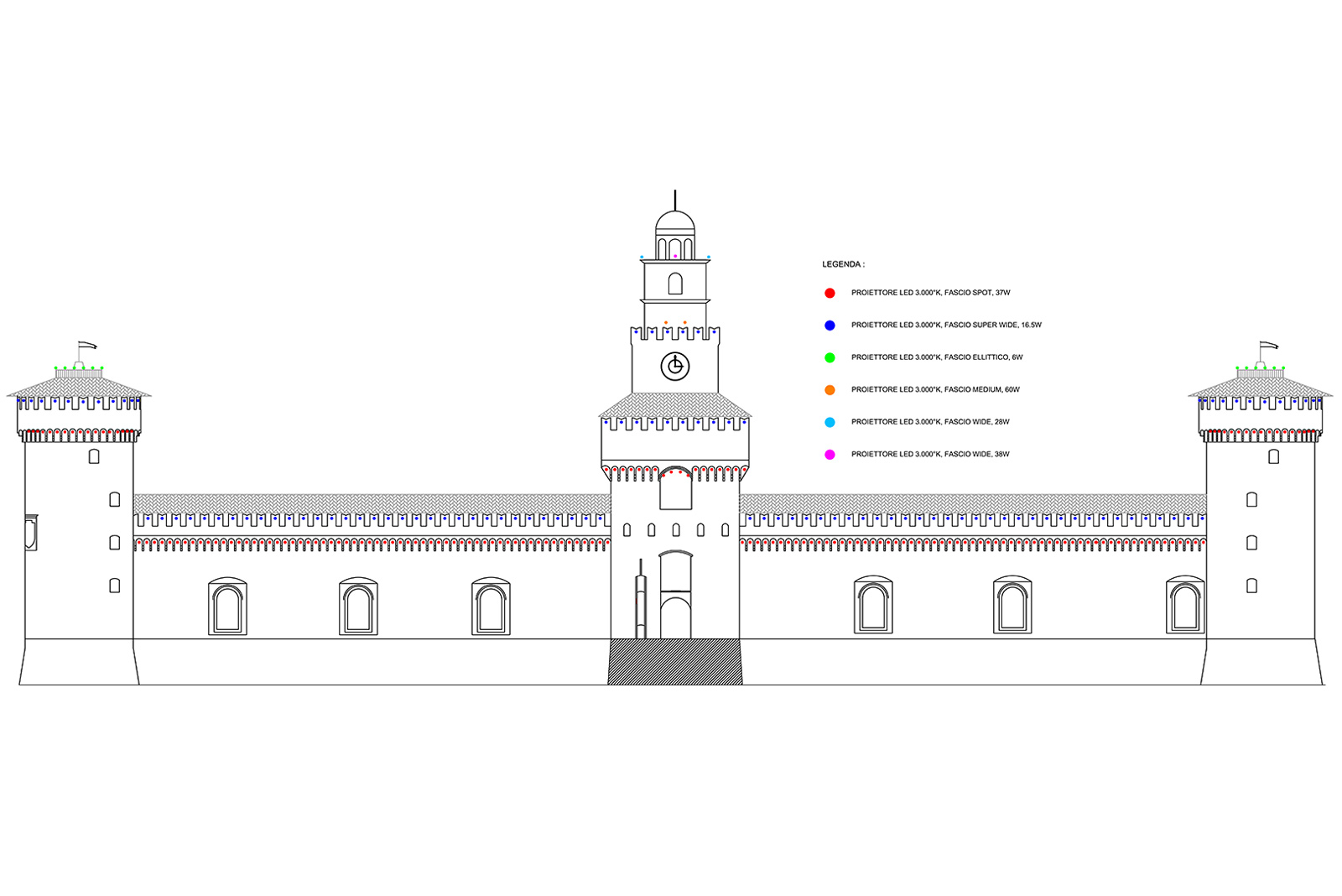 La tavola del progetto di illuminazione del Castello Sforzesco